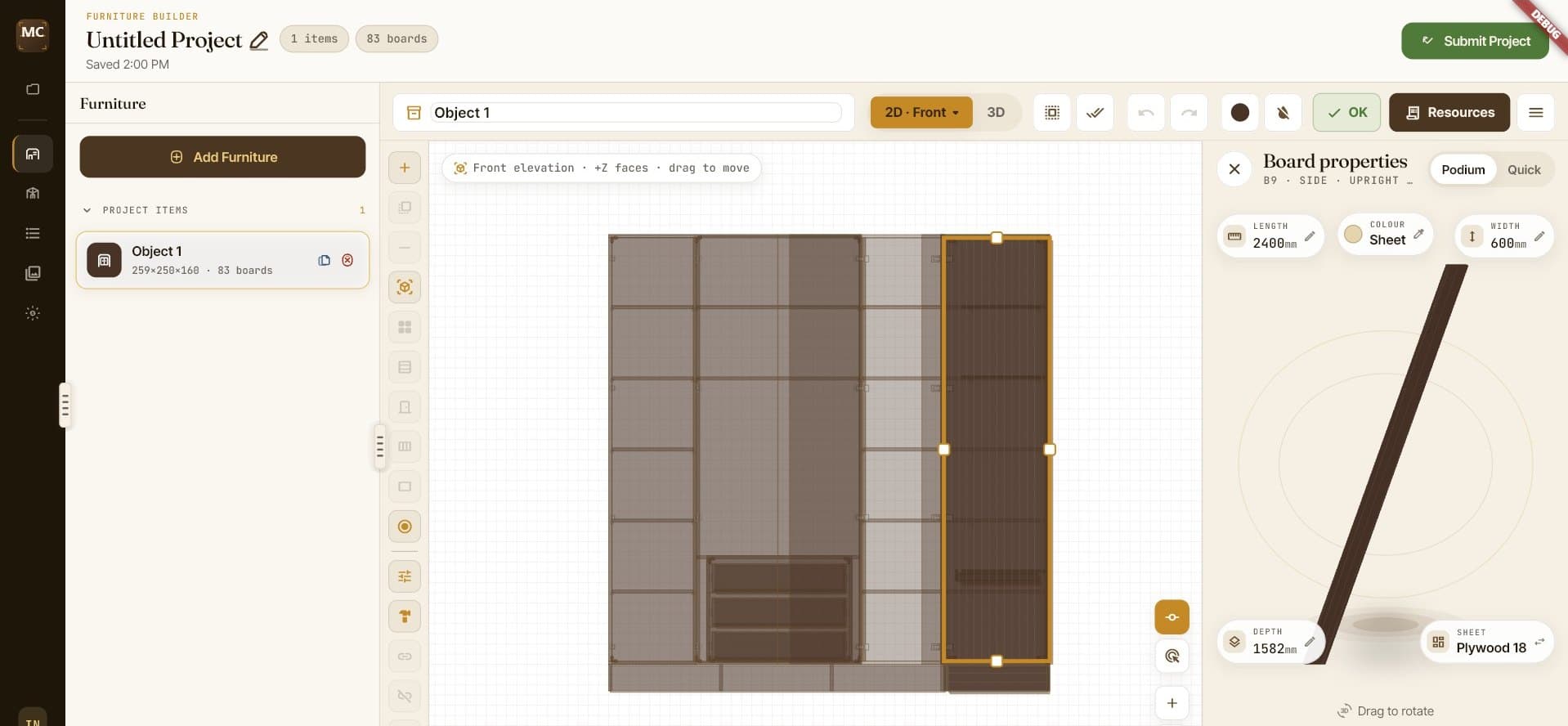 The MaatCraft designer showing a wardrobe elevation with live dimensions